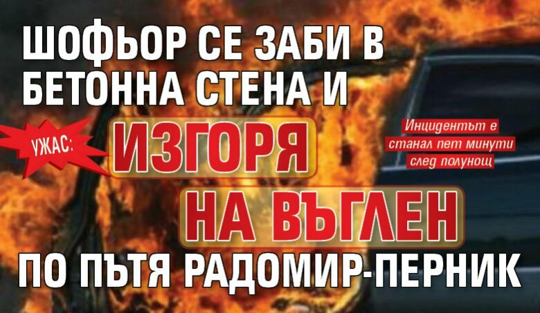 УЖАС: Шофьор се заби в бетонна стена и изгоря на въглен по пътя Радомир-Перник